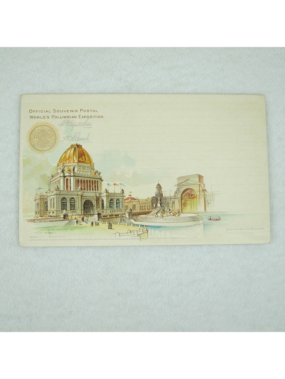 Antique 1893 Worlds Fair Columbian Expo Post Card Administration Building RARE